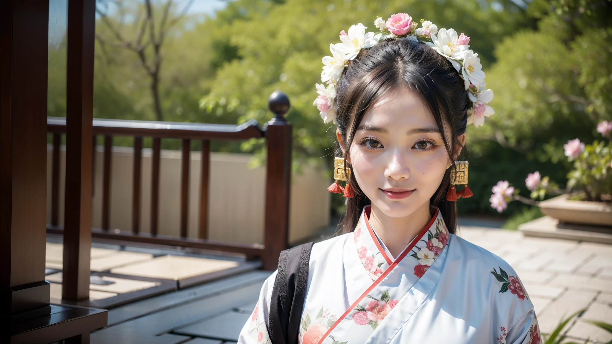 smile, Close-up of a woman wearing a kimono,Flowers bloomed in his hair, White Hanfu, Hanfu, palace , A girl in Hanfu, 古代Chinese衣装を着て, Chinese style, Chinese伝統的な, Chinese伝統衣装, Traditional beauty, Chinese, 古代Chinese衣装を着て, 古代Chinese王女, Chinese衣装, 古代Chinese美学を備えた, 古代Chinese芸術スタイル