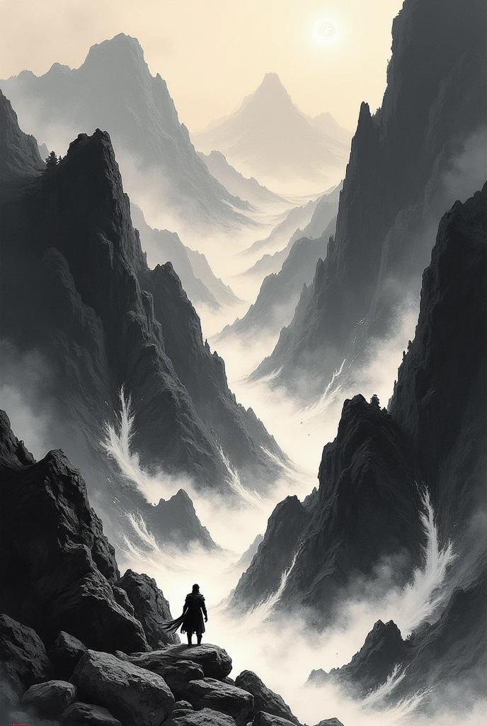 big long brushstrokes of deep black sumi-e turning into symbolic painting of "Dwarven Landslide", master level raw art, best quality, high resolution, vertical, 1440x3440, without people, clean