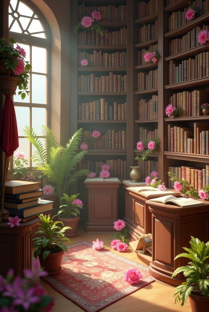 I need a picture of library there are exist fllower books and etx and by using of this things make a text like this "KELI