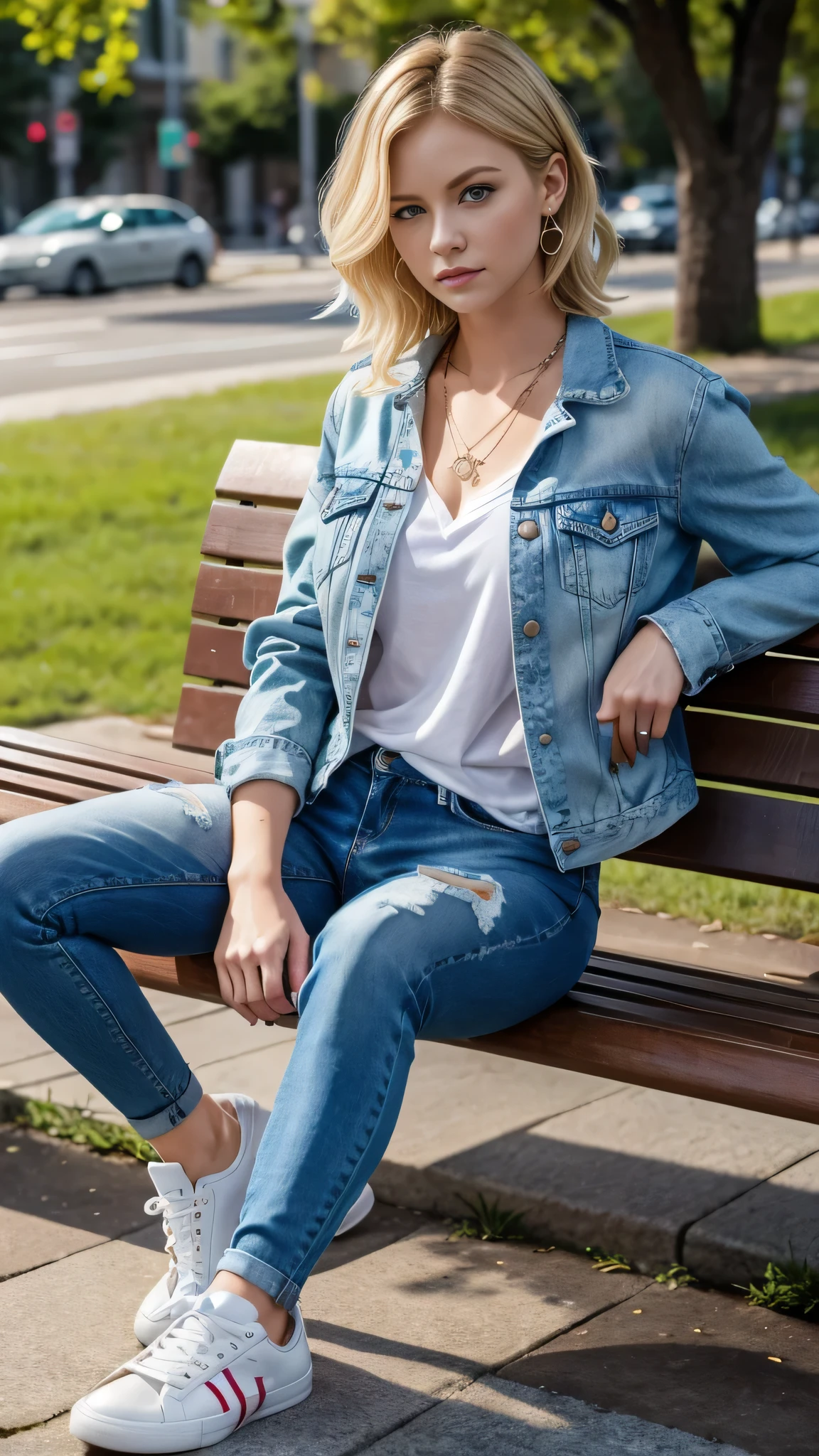 Super Resolution、Neat and clean Caucasian woman、Full body photo、sitting on a park bench、Blonde Hair、、Wavy Hair、Blue eyes、Short Haircut、Ear piercing、、necklace、Denim jacket、shirt、Skinny jeans、sneakers、