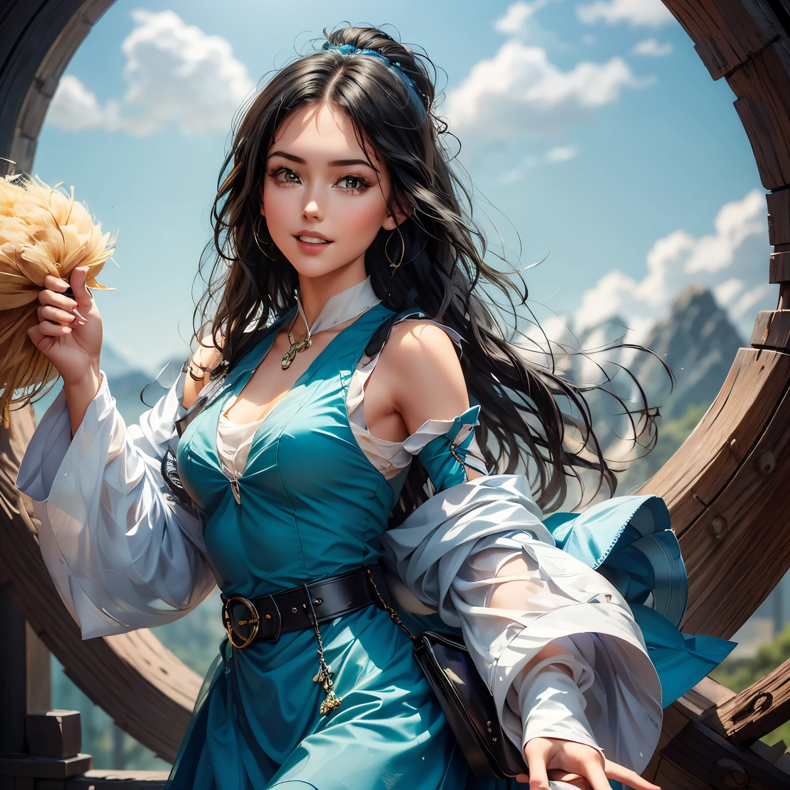 A girl wearing a blue dress and a watch stands on a hill,Standing on the top of the mountain,Standing on the top of the mountain, Hair blowing in the wind,Hair blowing in the wind,Hair blowing in the wind.,She lifted her head slightly.., Her arms were open. She was carrying a small backpack., Dynamic volume lighting illuminates her face in great detail.. I have black hair that reaches my shoulders., blowing in the wind. She had a big smile on her face, Her eyes were filled with joy.. She has double eyelids..
