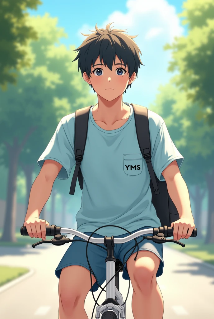 A 17 year old boy with  light sky blue shirt and school bag sit on white 
bicycle and the  name on the pocket of shirt is YMS