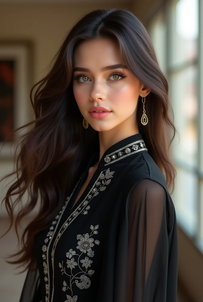 To create a virtual influencer based on the model in the image, here’s a prompt that you can use:
---
**Prompt for a Virtual Influencer:**
Create a virtual influencer with the following attributes:
1. **Appearance:**
- A young woman with a fair complexion and striking hazel-green eyes.
- Long, dark brown hair with a natural wave, flowing freely.
- She wears a modern, stylish black traditional outfit, adorned with intricate silver embroidery and subtle embellishments.
- Her facial expression is soft and inviting, with a slight smile, conveying confidence and warmth.
2. **Personality:**
- A charismatic and positive personality, known for spreading joy and positivity.
- Advocates for fashion, beauty, and cultural appreciation, blending traditional and contemporary styles.
- Engages with followers through fun and trendy poses, often using creative gestures like the "call me" hand sign to connect with her audience.
- Maintains a relatable and approachable online presence, encouraging self-expression and individuality.
3. **Digital Presence:**
- Shares content regularly on social media platforms like Instagram, focusing on fashion tips, beauty routines, and cultural insights.
- Collaborates with fashion and beauty brands, offering honest reviews and recommendations.
- Posts a mix of professionally shot photos and candid moments, maintaining a balance between high-end fashion and everyday relatability.
---
This description should help guide the creation of your virtual influencer, capturing both the visual style and the personality you wish to convey.
