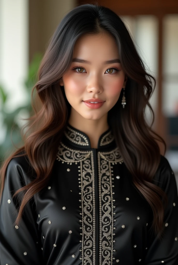 To create a virtual influencer based on the model in the image, here’s a prompt that you can use:
---
**Prompt for a Virtual Influencer:**
Create a virtual influencer with the following attributes:
1. **Appearance:**
- A young woman with a fair complexion and striking hazel-green eyes.
- Long, dark brown hair with a natural wave, flowing freely.
- She wears a modern, stylish black traditional outfit, adorned with intricate silver embroidery and subtle embellishments.
- Her facial expression is soft and inviting, with a slight smile, conveying confidence and warmth.
2. **Personality:**
- A charismatic and positive personality, known for spreading joy and positivity.
- Advocates for fashion, beauty, and cultural appreciation, blending traditional and contemporary styles.
- Engages with followers through fun and trendy poses, often using creative gestures like the "call me" hand sign to connect with her audience.
- Maintains a relatable and approachable online presence, encouraging self-expression and individuality.
3. **Digital Presence:**
- Shares content regularly on social media platforms like Instagram, focusing on fashion tips, beauty routines, and cultural insights.
- Collaborates with fashion and beauty brands, offering honest reviews and recommendations.
- Posts a mix of professionally shot photos and candid moments, maintaining a balance between high-end fashion and everyday relatability.
---
This description should help guide the creation of your virtual influencer, capturing both the visual style and the personality you wish to convey.
