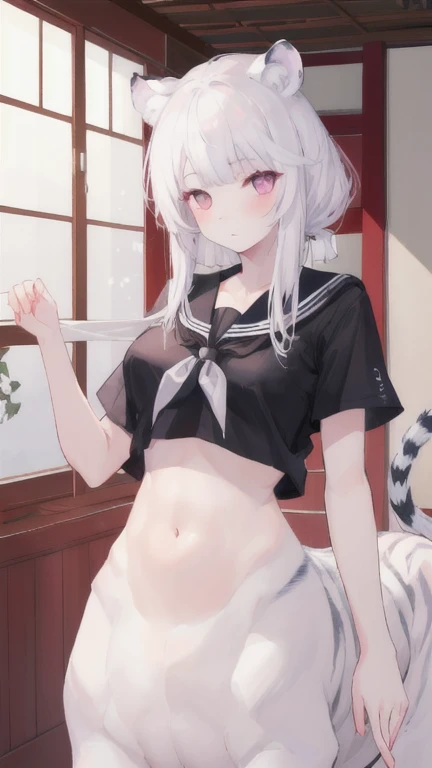 (best quality, masterpiece), 1 girl, centaur, I beg, White skin, Japanese schoolgirl, black pink, exposing the abdomen, belly button t-shirt , beautiful girl perfect, White tiger photo, 완벽한 White tiger photo