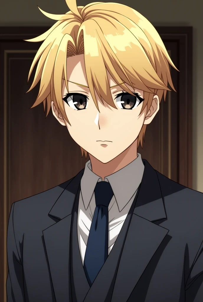 A very serious anime character, Stately, blond with his hair well combed and tidy, eyes black, born in 2002