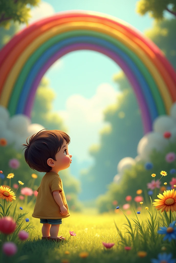 Cartoon rainbow with colors watching by child