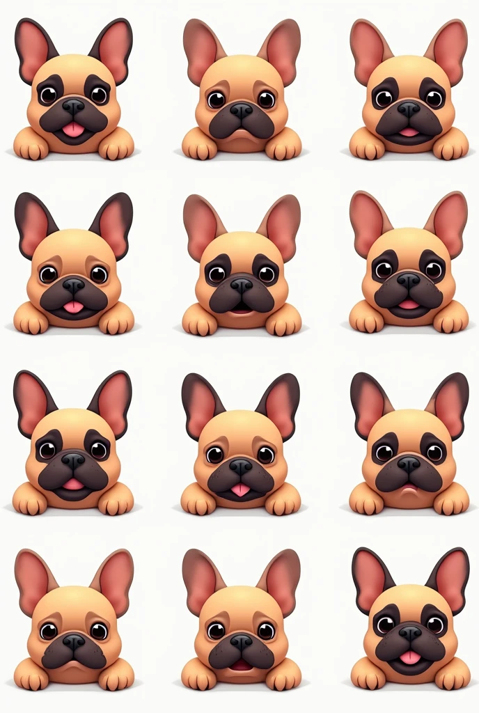 Create a 12-panel grid featuring French Bulldog emojis with the following expressions: happy, sad, dazed, mouth covered, surprised, enjoying food, sneaky smile, angry, melancholic, speechless, sick, and confused. Each emoji should be in a cute, cartoonish style, highlighting the unique facial expressions and personality of a French Bulldog.
