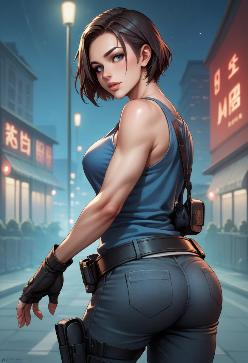 score_9, score_8_up, score_7_up, BREAK, score_9, jillvalentineSDXL, blue shirt, short hair, chestnut hair, blue eyes, gloves, jewelry, black gloves, belt, pants, fingerless gloves, lips, gun, tank top, holster, thigh holster, cowboy shot, ass, from behind, night, city