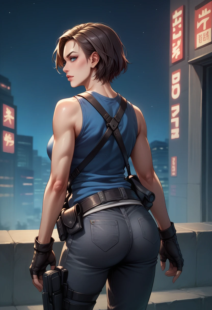 score_9, score_8_up, score_7_up, BREAK, score_9, jillvalentineSDXL, blue shirt, short hair, chestnut hair, blue eyes, gloves, jewelry, black gloves, belt, pants, fingerless gloves, lips, gun, tank top, holster, thigh holster, cowboy shot, ass, from behind, night, city