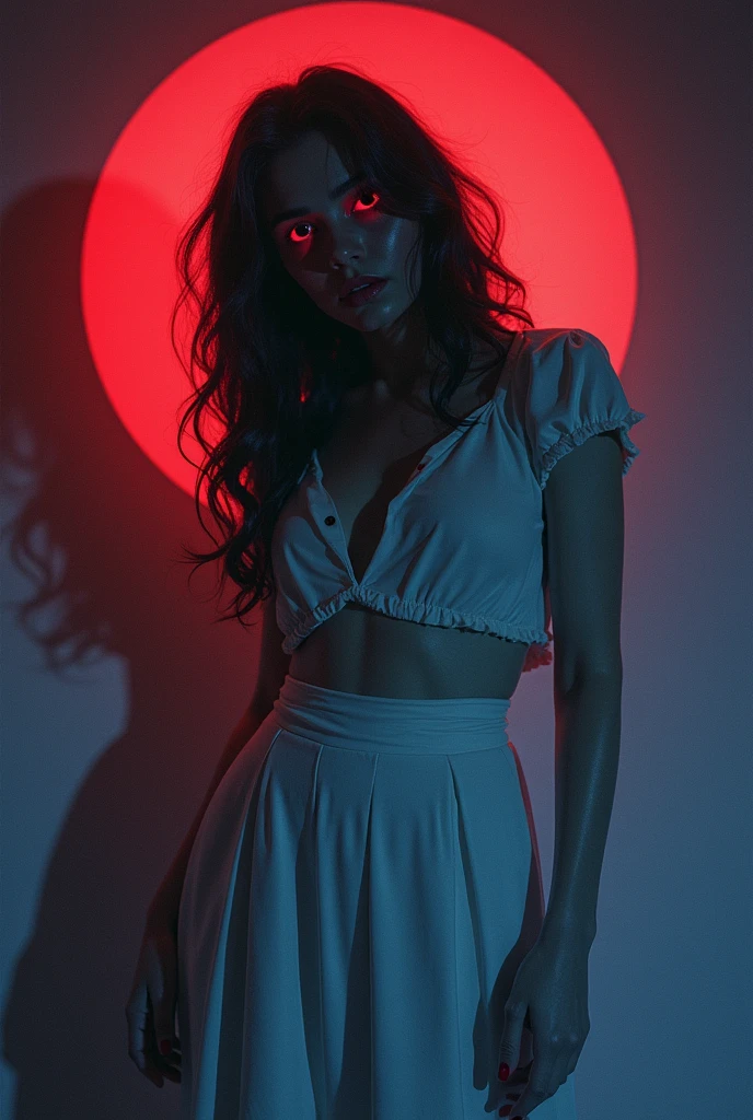 1 woman, illust、art、from 80s horror movie, Statue of Fear、high detail, realsitic shadow、Analog style, vhs style, 8mm film, chromatic aberration, Dvd screengrab、Surrealism、Complementary color gradient