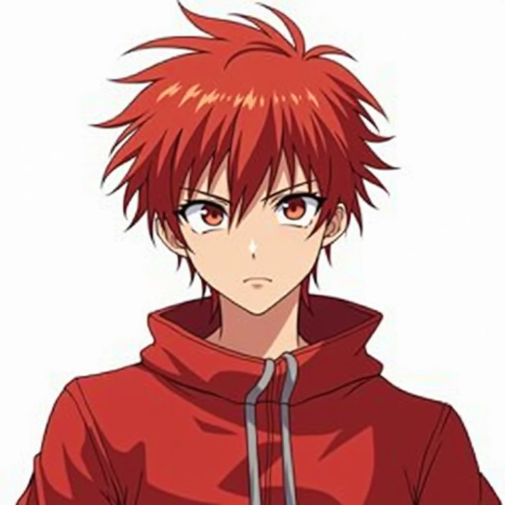 Japanese male teenager with short red hair wearing red clothes with arrogant expression ,ultra HD,ultra 4k,realistic, white background, waist-length photo,