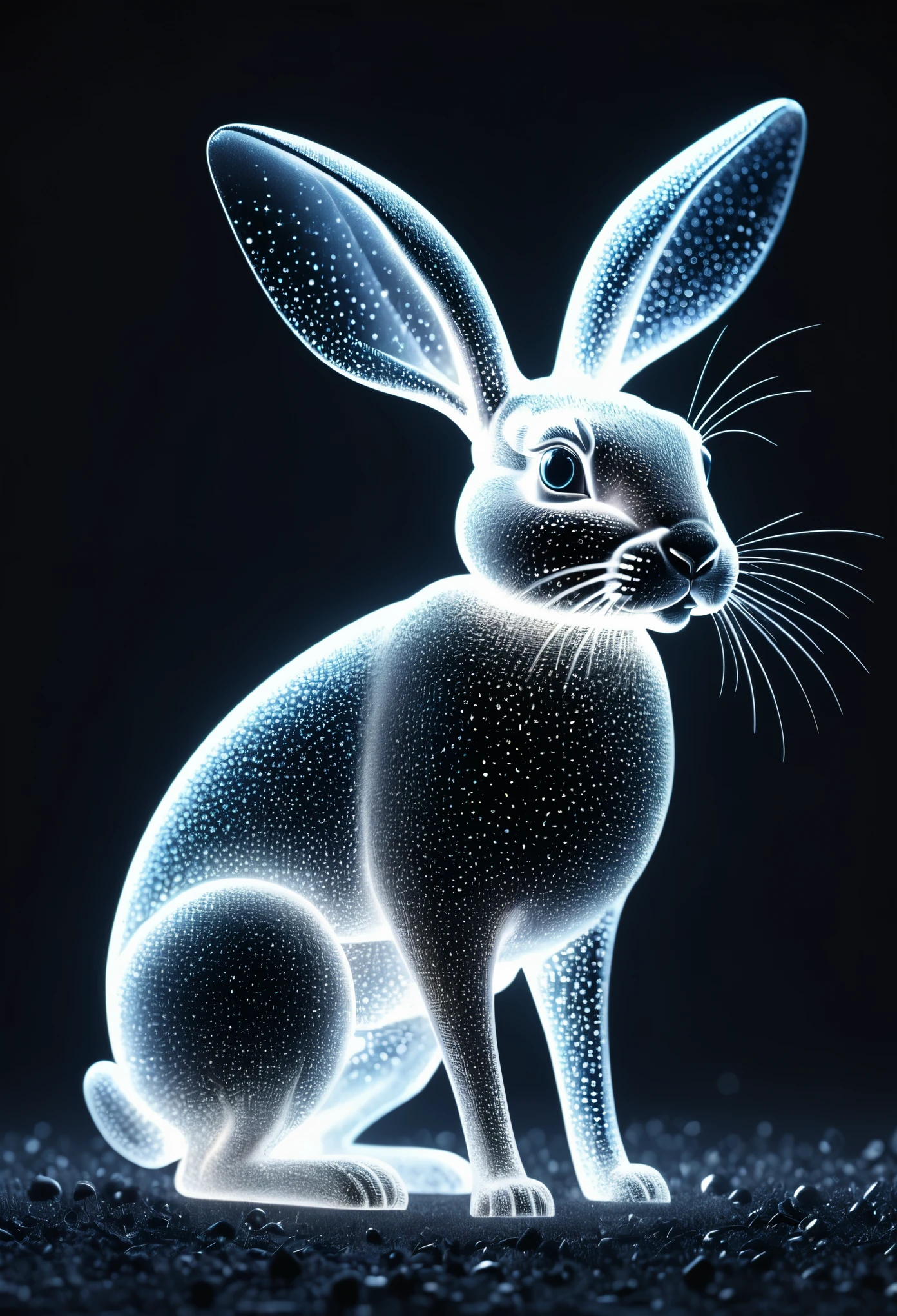 ascii art，Nick，Veasey，Linear Shimmer， Glass candy wrapper，The giant rabbit was decomposed into countless extremely tiny glowing white dot particles.，Particle glow dark background dark night glow HD rendering，Minimalist composition，High contrast Tilt-shift 32k Octane render