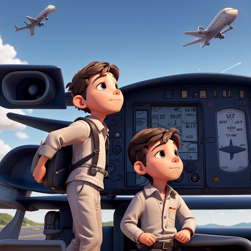 The boy hears a sound. He looks up. He sees an airplane. The airplane is in the sky. It is a silver airplane. It has two wings. It has a tail, it has two jet engines. There is a pilot on the airplane. He flies the airplane. He lands the airplane