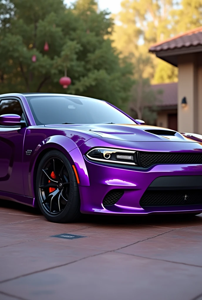 A realistic purple hellcat with black rims in a driveway