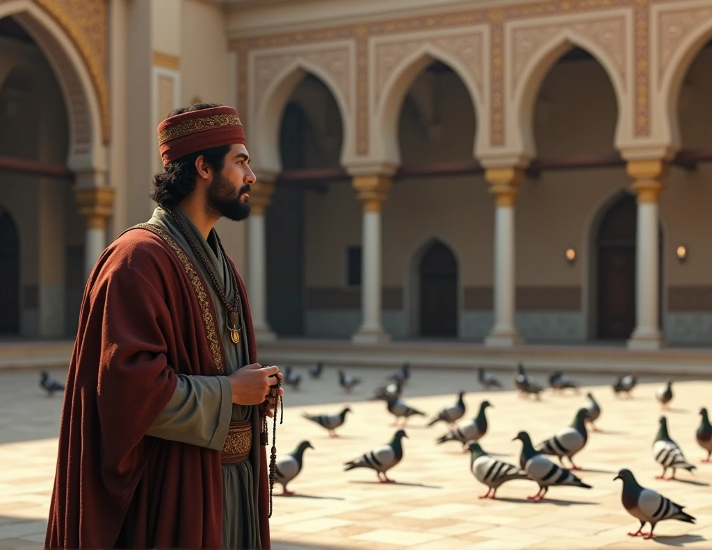 An Ottoman gentleman sits in the courtyard of a mosque, wearing a fez on his head, holding a rosary in his hand, watching the pigeons feeding in the courtyard..