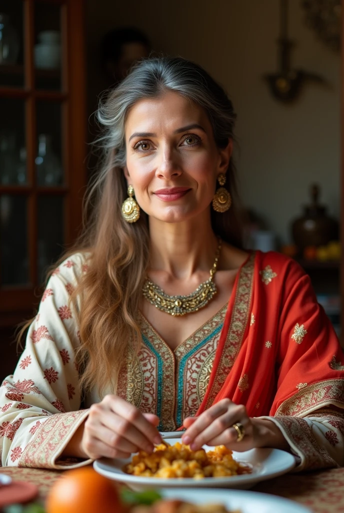 A senior female between 45 to 50 in Pakistani dress eating posture on table