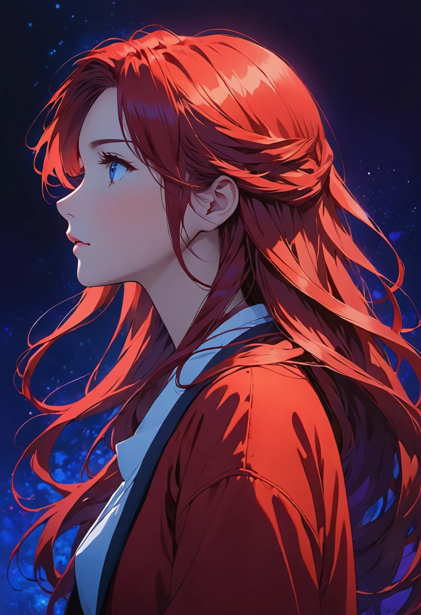anime girl with long hair, staring off into the distance blue light and dark purple background, 1girl, solo, profile, long hair, red hair