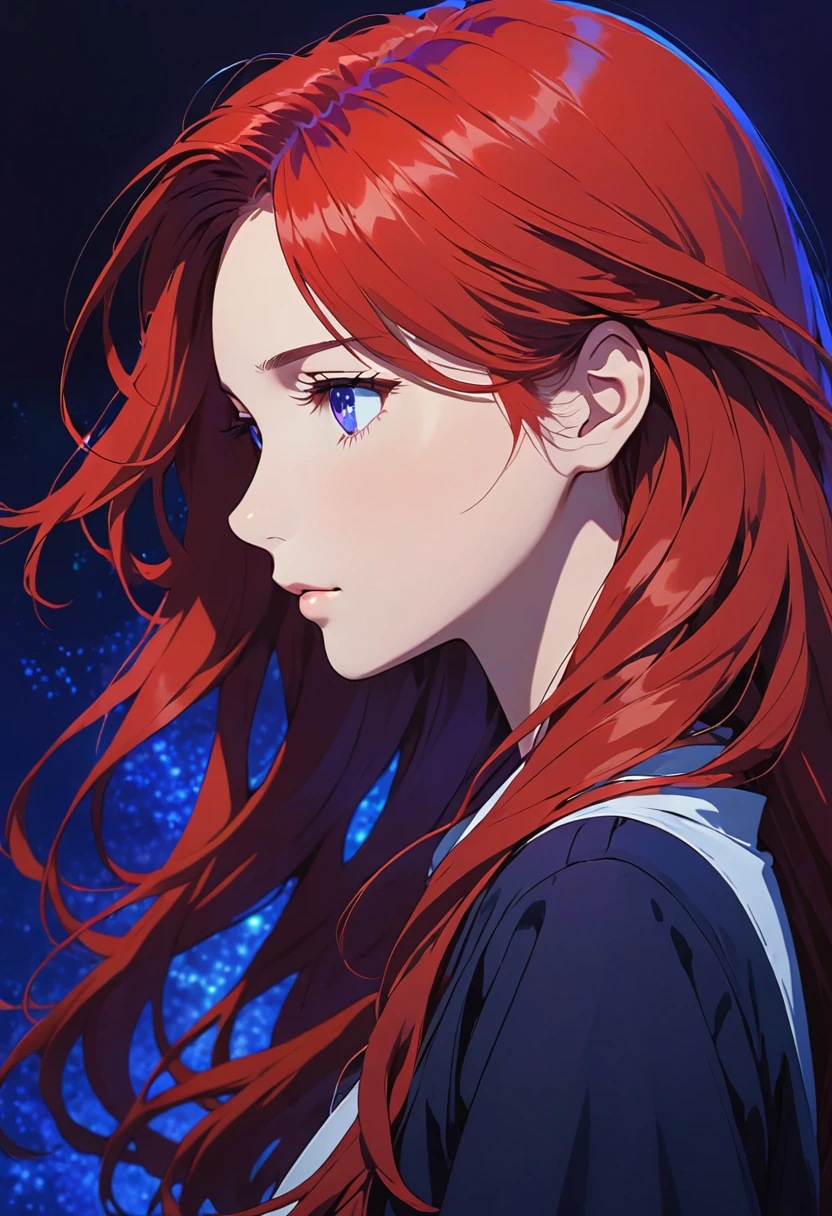 A girl with red wavy hair, detailed facial features, blue tie, praying, red background, best quality, 4k, 8k, highres, masterpiece:1.2, ultra-detailed, realistic, photorealistic, photo-realistic:1.37, HDR, UHD, studio lighting, ultra-fine painting, sharp focus, physically-based rendering, extreme detail description, professional, vivid colors, bokeh, portrait
