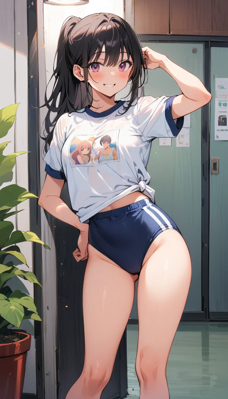 beauty　ponytail　Black Hair　smile　Embarrassing　blush　Joyful　fine　tits　White gym clothes　Navy blue high-cut Buruma　pubic hair　gym　Photograph the whole body