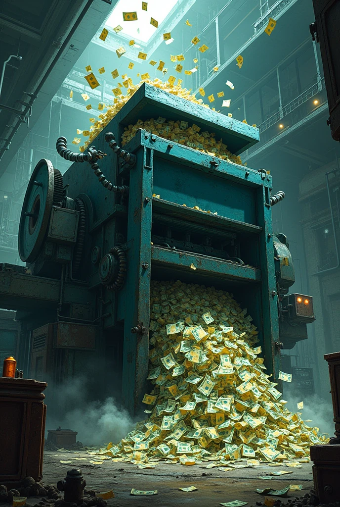 Blue wide industrial shredder spewing out money
