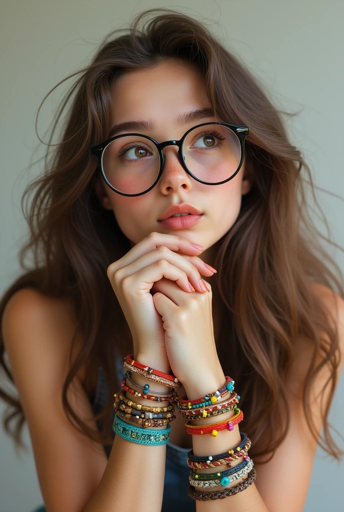 make a 15 year old girl with long brown hair with many bracelets on her hand with glasses 