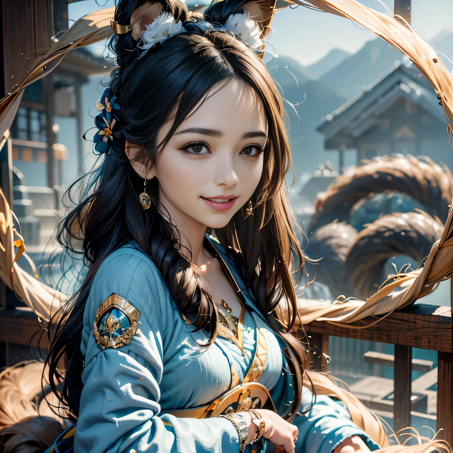 A girl wearing a blue dress and a watch stands on a hill,Standing on the top of the mountain,Standing on the top of the mountain, Hair blowing in the wind,Hair blowing in the wind,Hair blowing in the wind.,She lifted her head slightly.., Her arms were open. She was carrying a small backpack., Dynamic volume lighting illuminates her face in great detail.. I have black hair that reaches my shoulders., blowing in the wind. She had a big smile on her face, Her eyes were filled with joy.. She has double eyelids..
