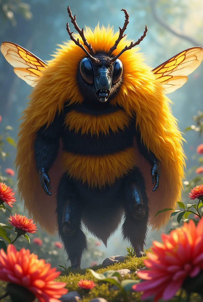Generate an image of a majestic bee king with a dense and fluffy coat, exuding strength and power. Depict the bee king with a regal and commanding presence, highlighting its intricate and vibrant colors. Emphasize the bee king's large size and awe-inspiring presence, capturing the viewer's attention and conveying a sense of grandeur. Use bold and vivid colors to showcase the bee king's beauty and intensity. Consider portraying the bee king in a natural setting, surrounded by vibrant flowers or a lush garden, to further enhance its majestic aura.