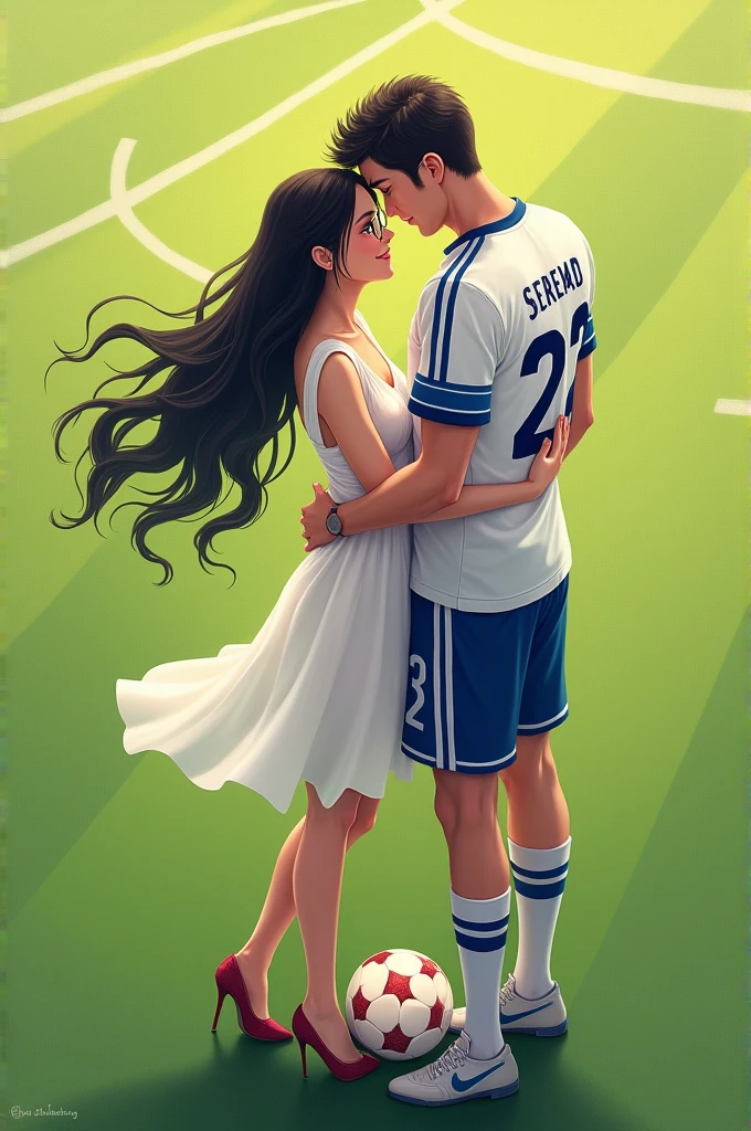 A woman and man standing in football ground looking at each lovingly and hugging each other.woman is wearing a dress and glasses.she has black hair .man is wearing a white and blue 32 number jersey. Man is 1 feet taller than girl. Man one foot standing on soccer ball . Girl is wearing high heel and white dress
