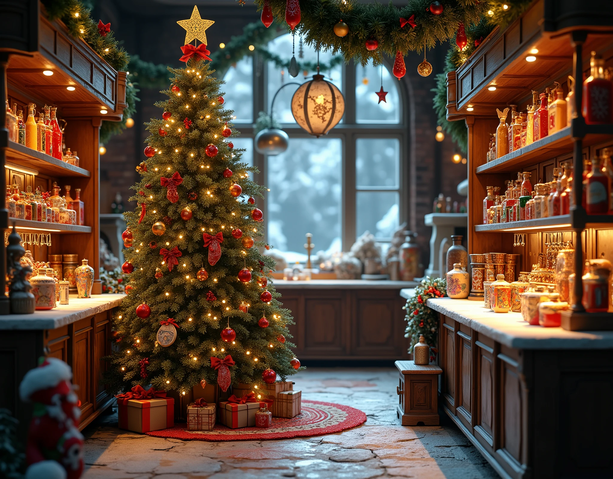 There is a room with Christmas decorations and a Christmas tree, Santa's workshop, inside an old magic shop, inside an old magic candy shop, in a potion shop, global lighting. vfx, rendering in maya and houdini, thomas kinkade. cute and cozy room, rendered in an unreal engine”, fantasy style octane 8k render, located in a magician's shop,without people