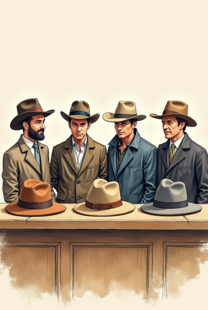 drawn in drawing form, on top of a counter there are exactly three brown hats and there are also exactly two gray hats, behind the counter there are three men (of different appearances from each other) who are not wearing hats and who are looking at the hats on the counter