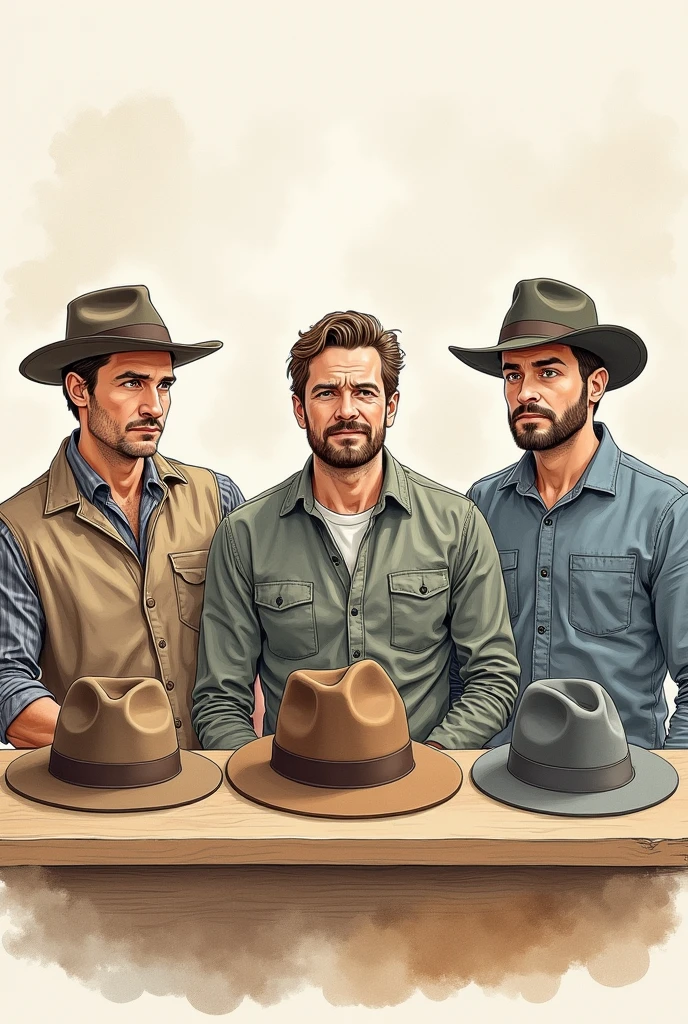 drawn in drawing form, on top of a counter there are exactly three brown hats and there are also exactly two gray hats, behind the counter there are three men (of different appearances from each other) who are not wearing hats and who are looking at the hats on the counter