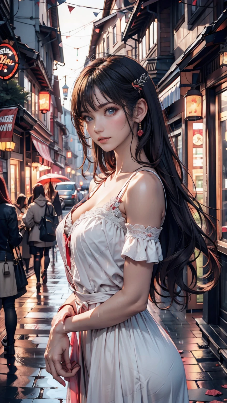 ((Highest quality, 8k, lace maxi dress, Standing in the rain, Red Light District, Highly detailed face and skin texture, Detailed eyes, double eyelid.)