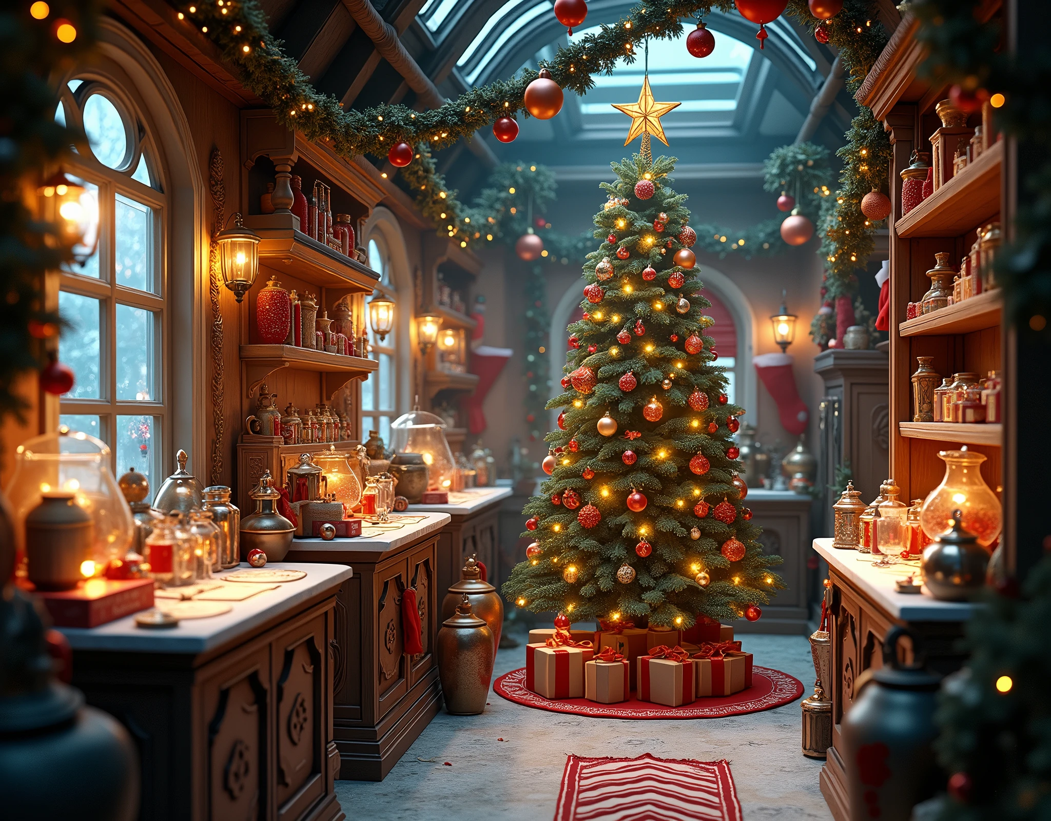 There is a room with Christmas decorations and a Christmas tree, Santa's workshop, inside an old magic shop, inside an old magic candy shop, in a potion shop, global lighting. vfx, rendering in maya and houdini, thomas kinkade. cute and cozy room, rendered in an unreal engine”, fantasy style octane 8k render, located in a magician's shop,without people