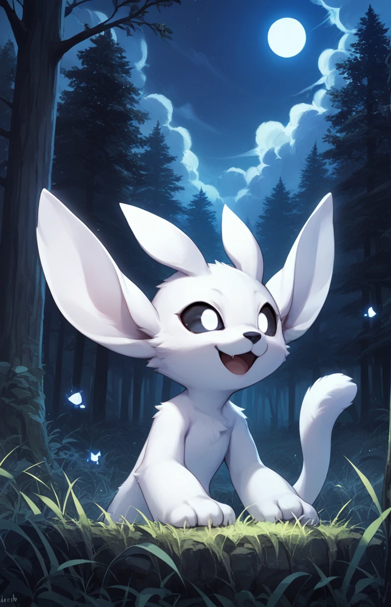 ori, white fur, paws, tail, black sclera, white eyes, black nose, source_anime, upper body, forest, tree, grass, standing, lit by moonlight, night, night sky, cloud, glowing, open mouth, smile, photoshop \(medium\),, score_9, score_8_up,