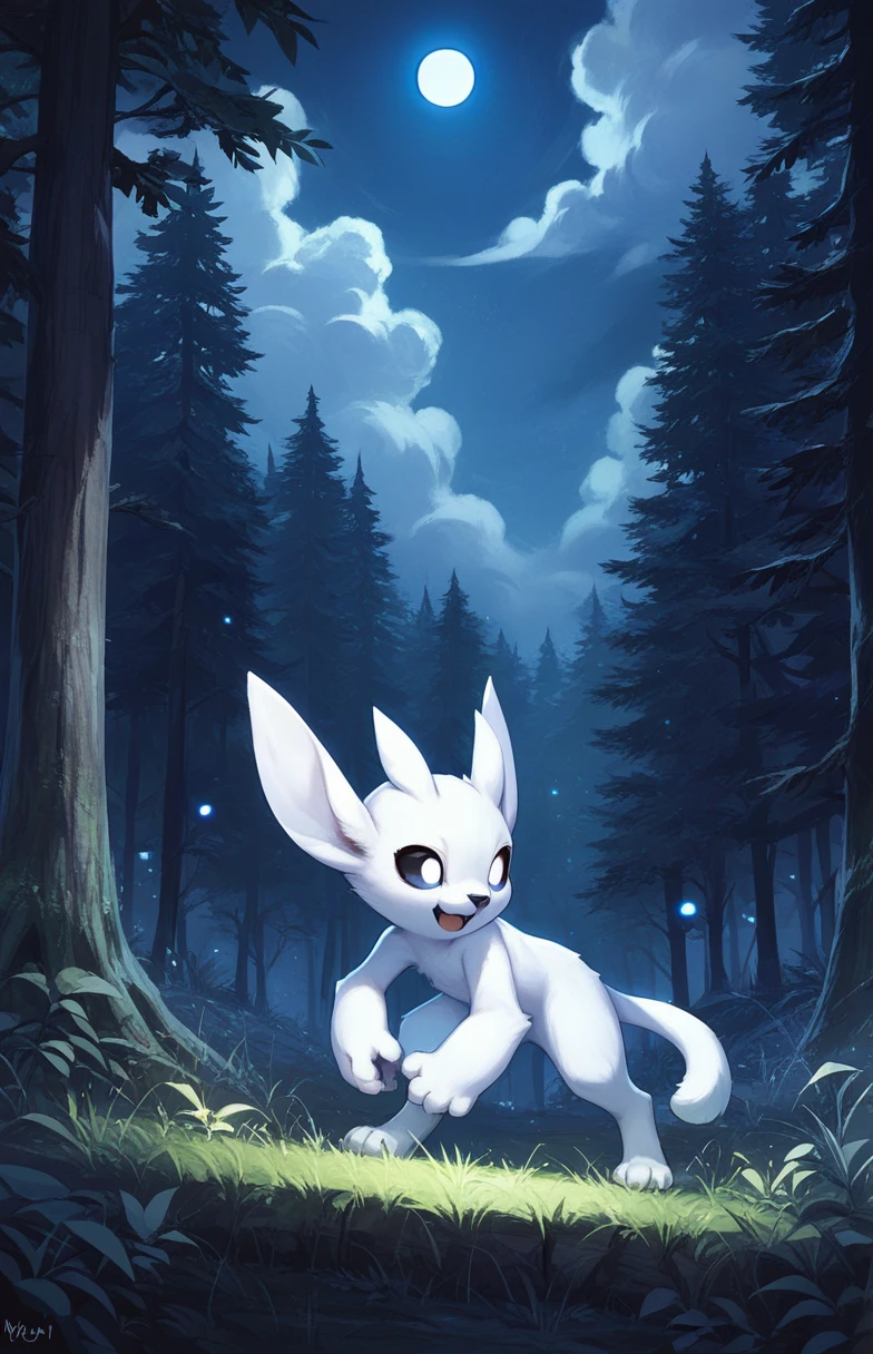 ori, white fur, paws, tail, black sclera, white eyes, black nose, source_anime, upper body, forest, tree, grass, standing, lit by moonlight, night, night sky, cloud, glowing, open mouth, smile, photoshop \(medium\),, score_9, score_8_up,