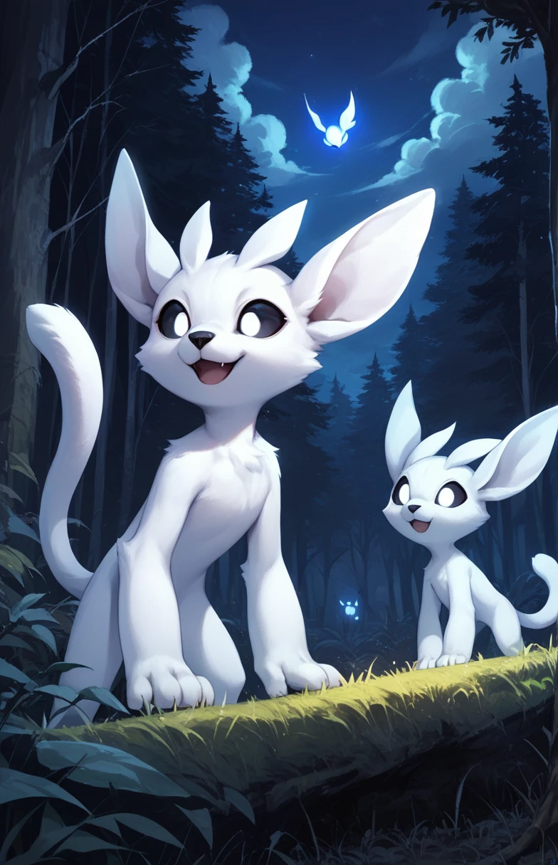 ori, white fur, paws, tail, black sclera, white eyes, black nose, source_anime, upper body, forest, tree, grass, standing, lit by moonlight, night, night sky, cloud, glowing, open mouth, smile, photoshop \(medium\),, score_9, score_8_up,