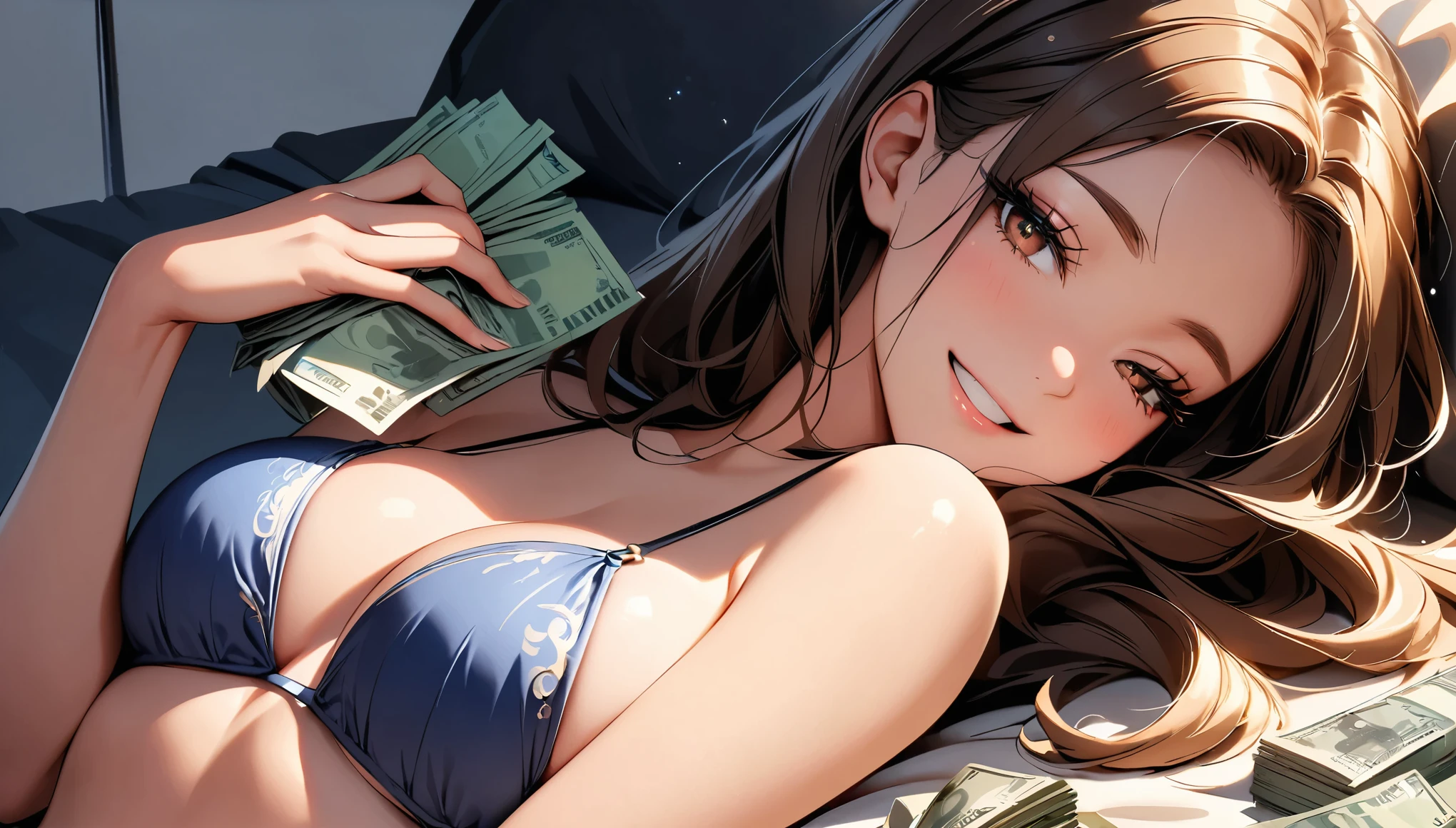 (Highest quality:1.2, Very detailed, up to date, Vibrant, Ultra-high resolution, High Contrast, masterpiece:1.2, Best aesthetics), (((1 person, beautiful girl))), super beautiful, Woman lying on bed full of banknotes:1.3, Bill bed, Holding a stack of bills, A big smile, Open your mouth, joy, Beautiful eyelashes, Beautiful brown eyes, Sparkle in the eyes, bikini, Achievers, into gold, Chiaroscuro, Random Pause,