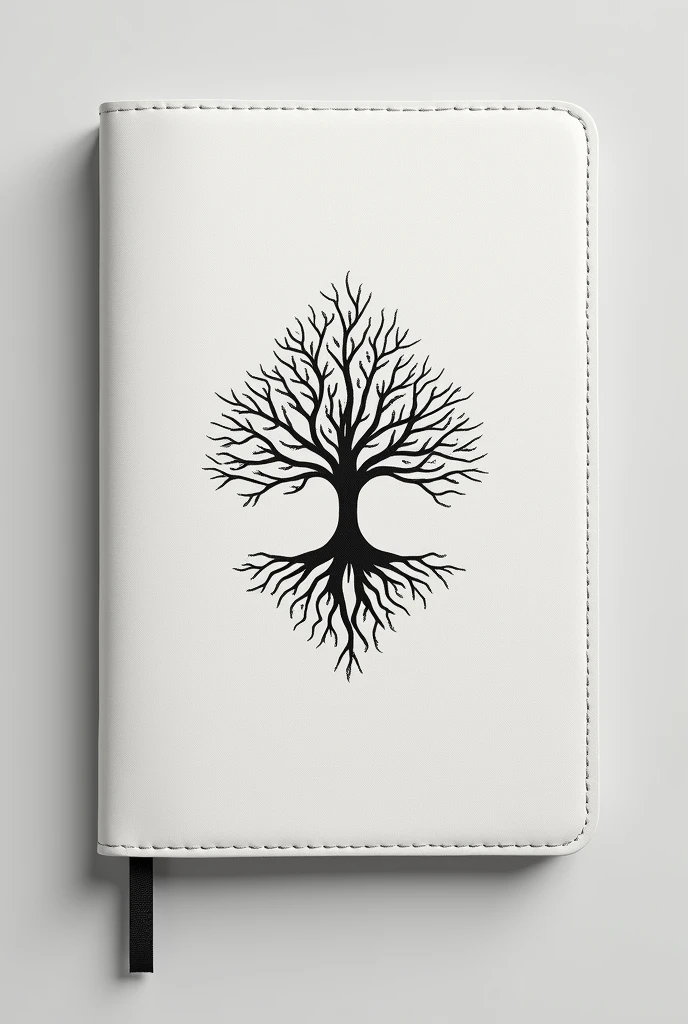 Minimalist white leather notebook with the tree of life print with a pattern around it made with abstract figures
