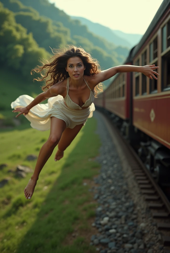 Generates an image of a pretty woman falling to the ground from a train