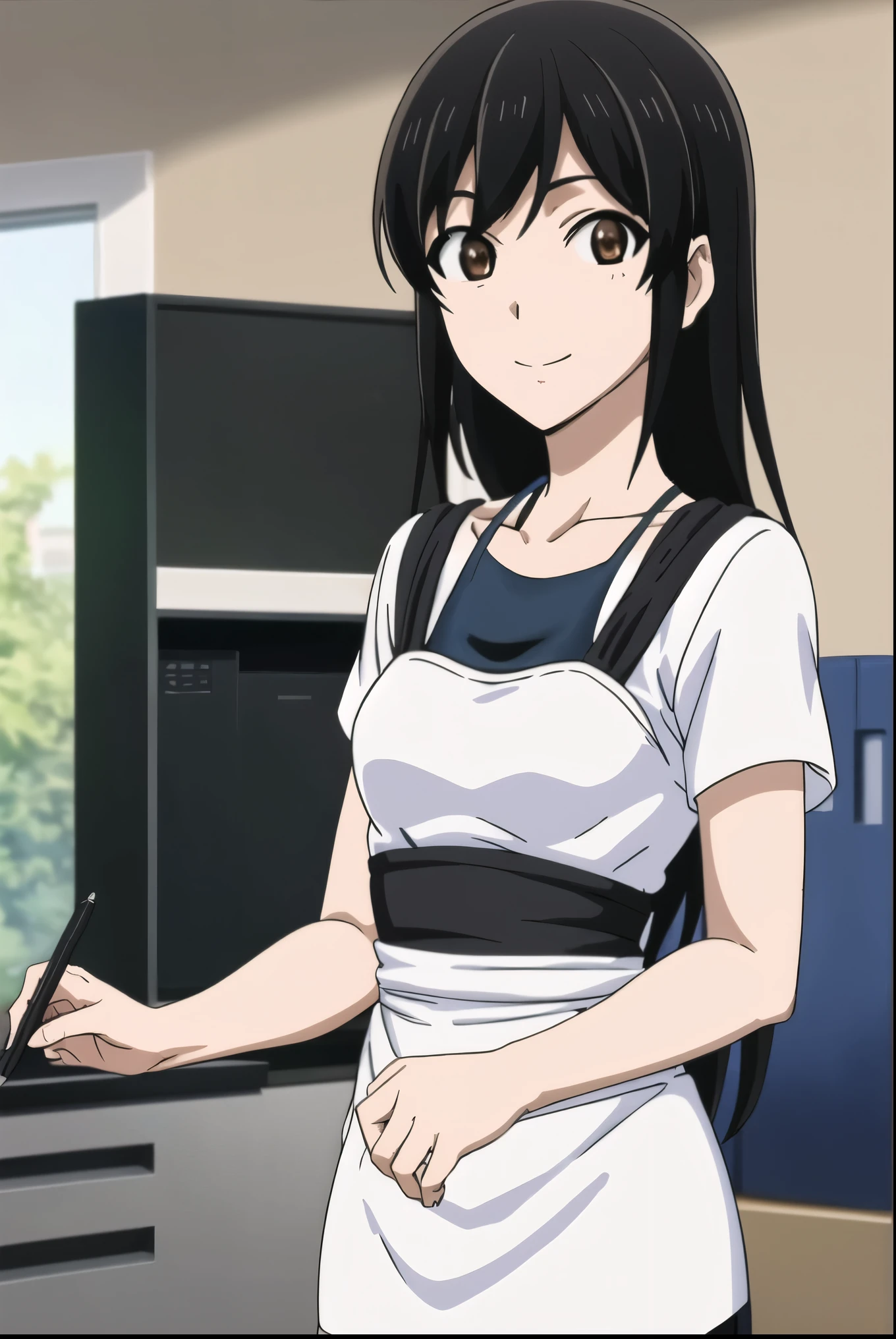 (best quality), (masterpiece), sahoto_ashisu, shirt, apron, upper body, looking at viewer, smiling, indoors, office, monitor, desk lamp, bookshelf, drawing tablet, 