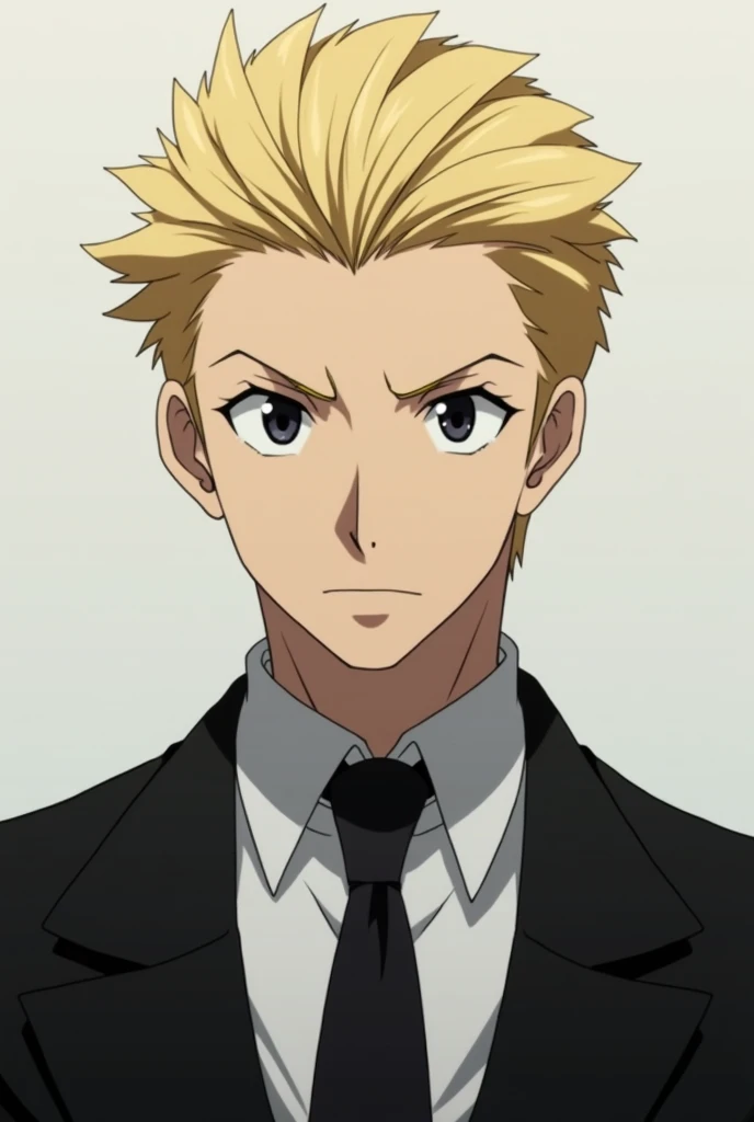 A very serious anime character, Stately, blond with his hair well combed and tidy, eyes black, born in 2002. Has a serious personality, cold and calculist 