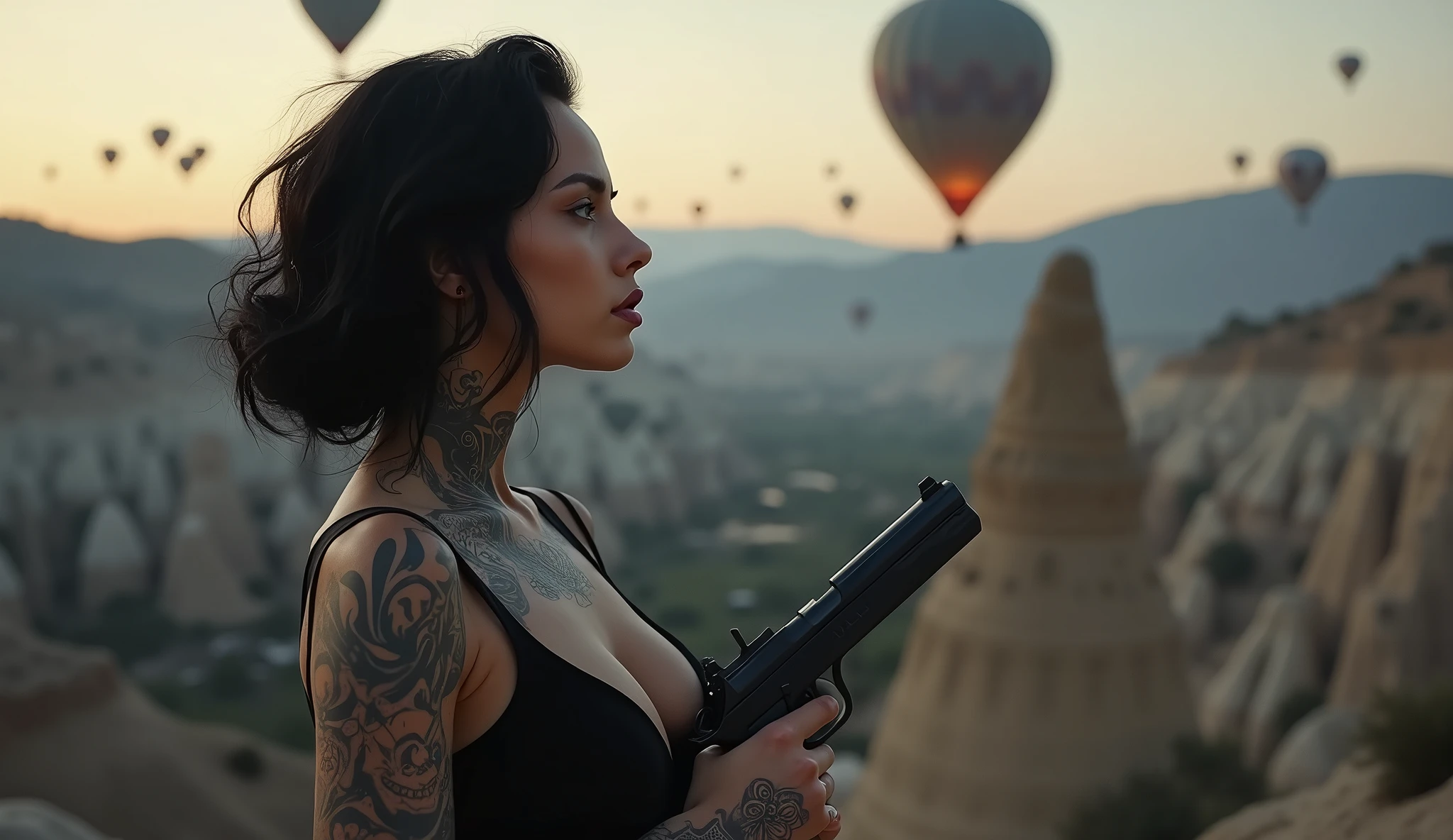 tatuados,Very beautiful big breasts、Very large bust、Gazing into the distance、(Dark Suit)(Holding a pistol),(Back tattoo、Many tattoos on both arms and neck)、 (Cappadocia(Türkiye) - A fantastical landscape of strange rock formations and hot air balloons),Candlelight only,Very detailed, 2, A beautiful woman,Depressed face, Black Hair,Medium Wavy Hair, blue eyes, High resolution, masterpiece, Highest quality, Intricate details, Very detailed, Clear focus, Delicate skin, practical skin texture, texture, Delicate eyes, Professional, 8k, Sad face,despair、 Shot with Canon, 85mm, Shallow and deep, Kodak Vision Color, Exactly, Very detailed, photograph_\(Extremist\), photographpractical, practical, Post-processing, Maximum details, Roughness, Real Life, Extremist practical, Photorealism, photographgraphy, 8k ウルトラ HD, photographgraphy