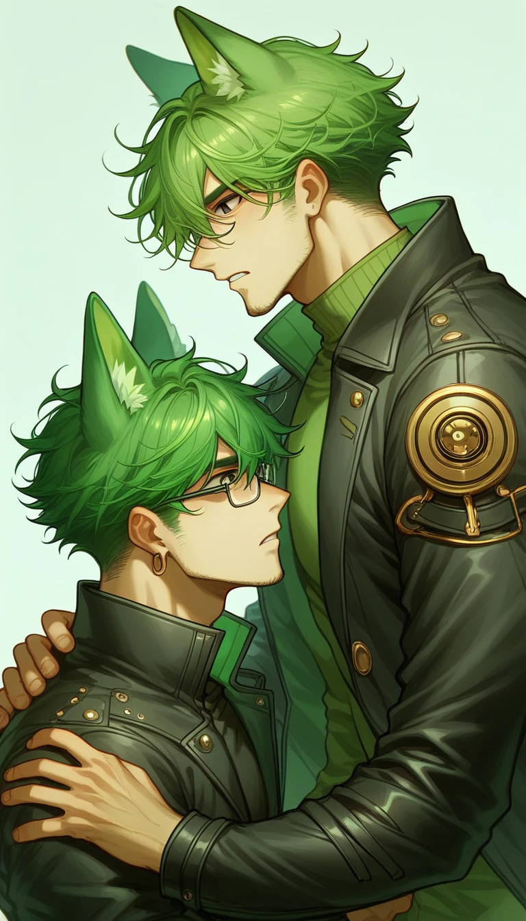 make a man with bright green hair and black eyes bright green wolf ears with a brico and a hoop a black jacket with bright green lines and glasses fanart