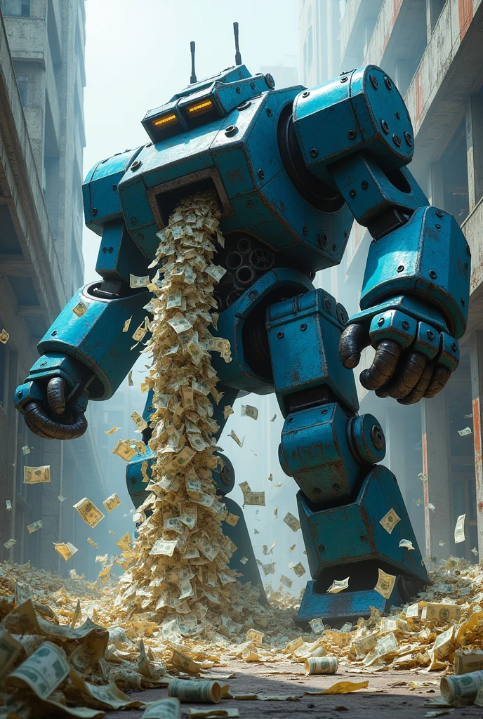 Blue long industrial shredder spewing out money