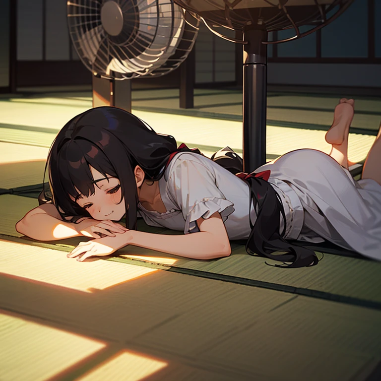 1girl, yo,

lying, on stomach,

(hands on tatami:1.2),

smile, (closed eyes:1.2),
(frill blouse), white blouse, short sleeve, (collarless), ribbonless, black skirt, barefoot,

tatami, house,
(electric fan:1.2), (wind:1.2),
indoor,
day, summer,

BRAKE
black hair, (low twintails), low pigtails, red ribbon in hair,  very long hair,
dark brown eye,

from side,

high brightness,
(high quality, ultra detailed, masterpiece, super detail, highres, anatomically correct, UHD)