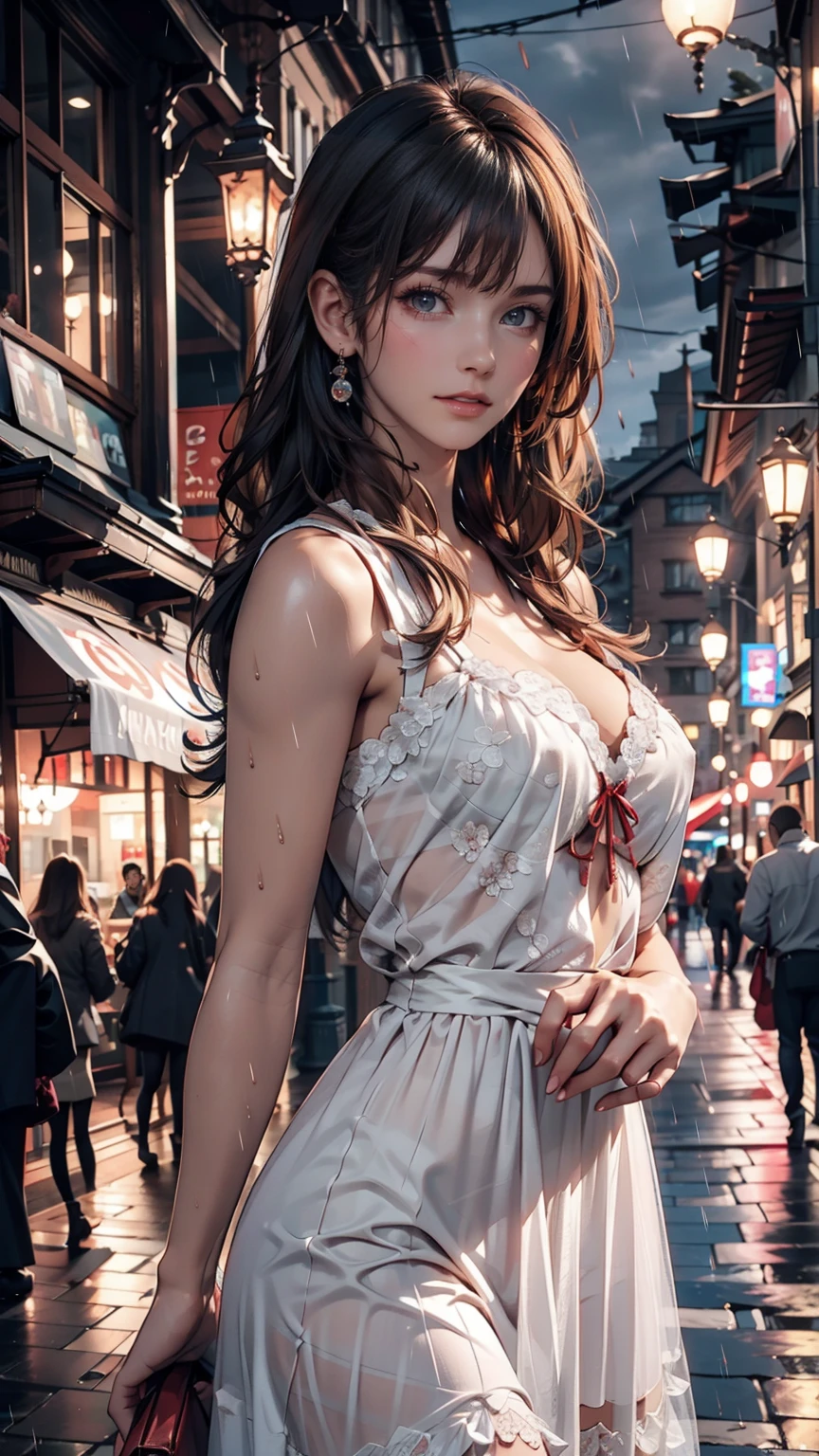 ((Highest quality, 8k, lace maxi dress, Standing in the rain, Red Light District, Highly detailed face and skin texture, Detailed eyes, double eyelid.)