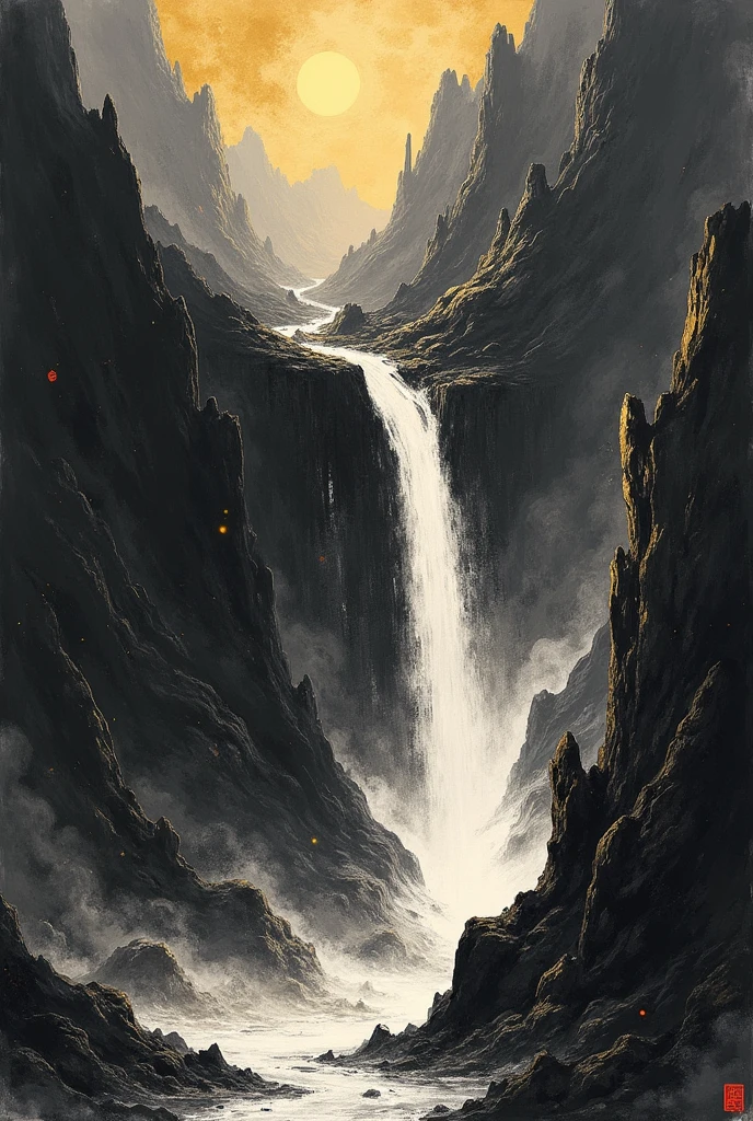 big long brushstrokes of deep black sumi-e turning into symbolic painting of "Dwarven Landslide", master level raw art, best quality, high resolution, vertical, 1440x3440, without people, clean, with gold touch