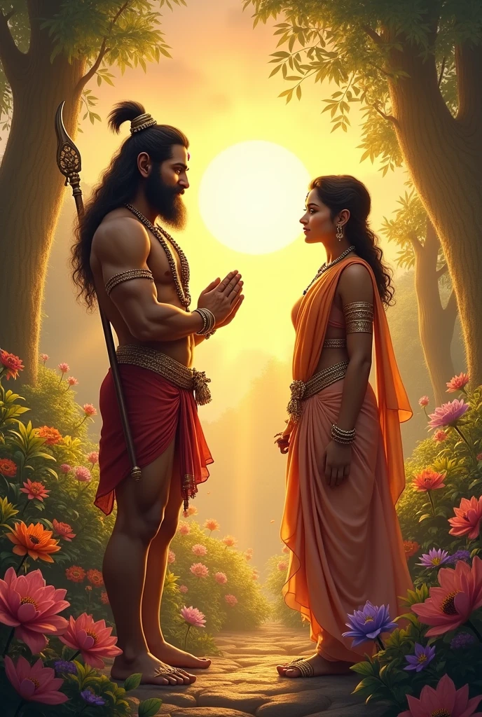 Depict Lord Hanuman and Lord Rama standing in a serene garden filled with vibrant flowers and lush greenery. Lord Hanuman, holding his Gada in one hand, is standing on a large stone. He is facing Lord Rama with his hands folded in deep reverence and prayer. Lord Rama, dressed in traditional attire with his bow resting beside him, looks at Hanuman with grace and compassion. The scene is set in the soft glow of a golden sunset, with rays of sunlight filtering through the trees, adding a divine aura to the moment.