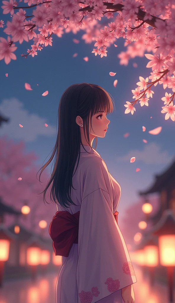 A young woman with long dark hair, dressed in a traditional kimono, stands under a cherry blossom tree at night. Her face shows a deep sense of calm as she gazes at the falling petals, illuminated by the soft glow of lanterns. The petals gently swirl around her in the evening breeze. [Anime style, inspired by Makoto Shinkai and 90's aesthetics], [Soft, warm lighting, deep contrast, focus on the woman and blossoms, gentle shadows, subtle highlights, serene mood]